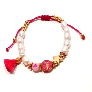 Pink St Benedict Pearl Sliding Knot Bracelet Nylon Gold Tone Bolo